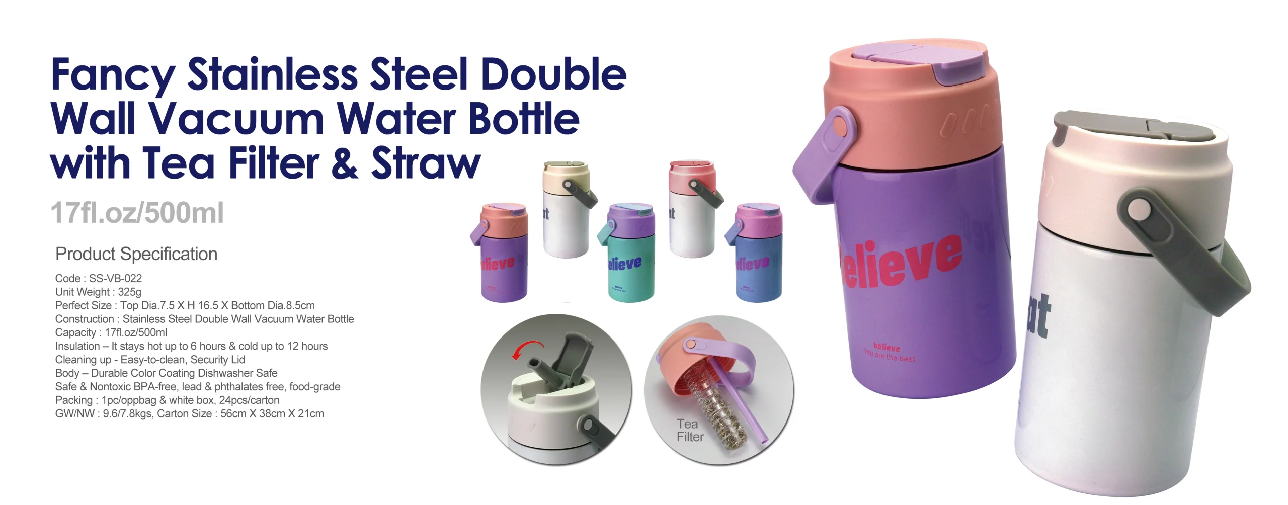Fancy Stainless Steel Double Wall Vacuum Water Bottle with Tea Filter & Straw