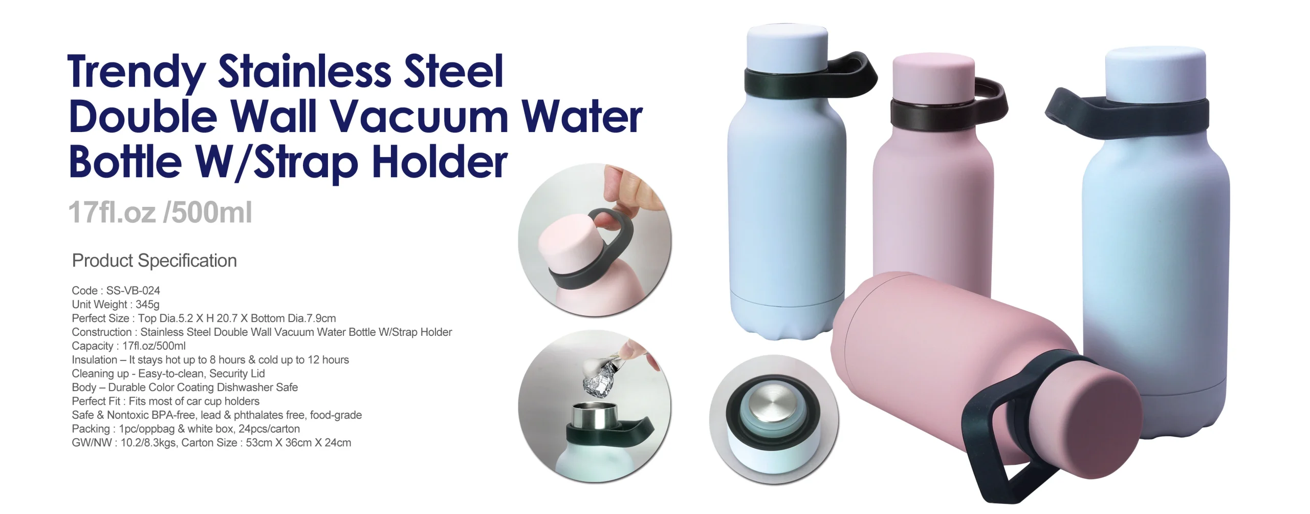 Trendy Stainless Steel Double Wall Vacuum Water Bottle W/Strap Holder