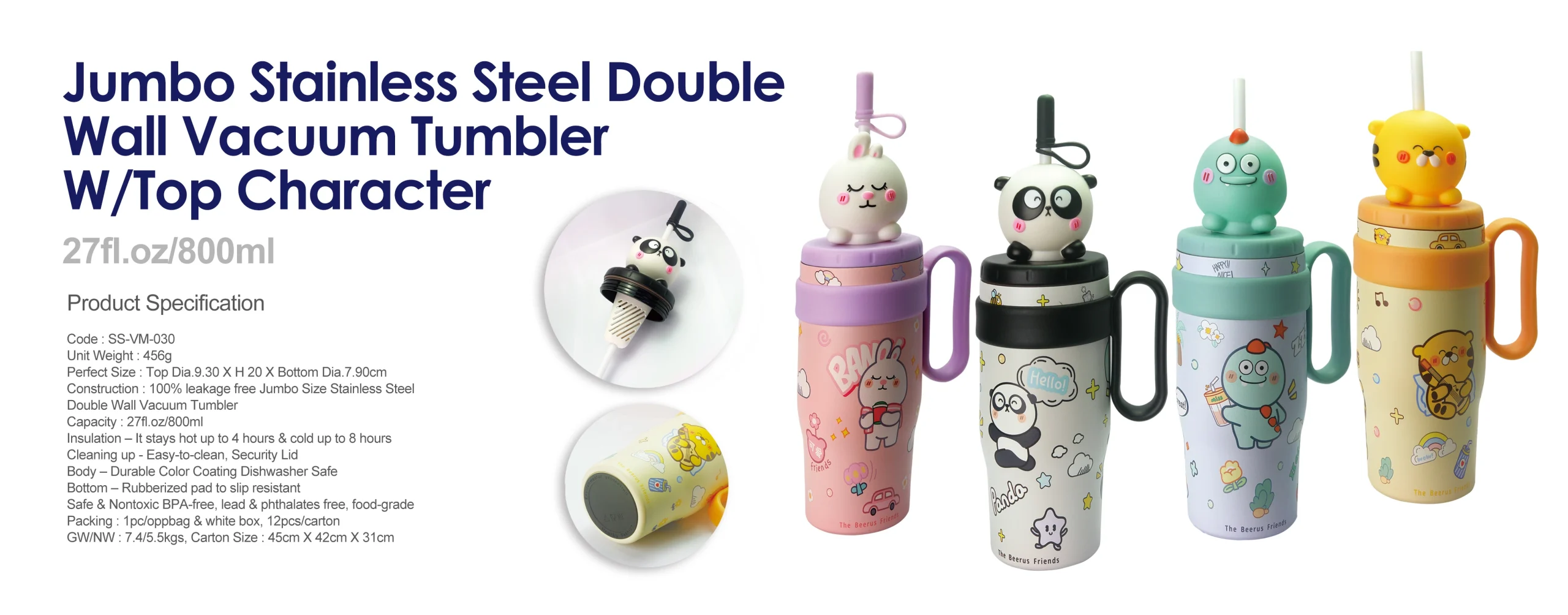 Jumbo Stainless Steel Double Wall Vacuum Tumbler W/Top Character